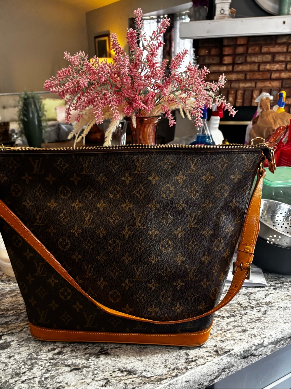 Louis Vuitton Monogram Canvas Shoulder Bag with Tan Trim